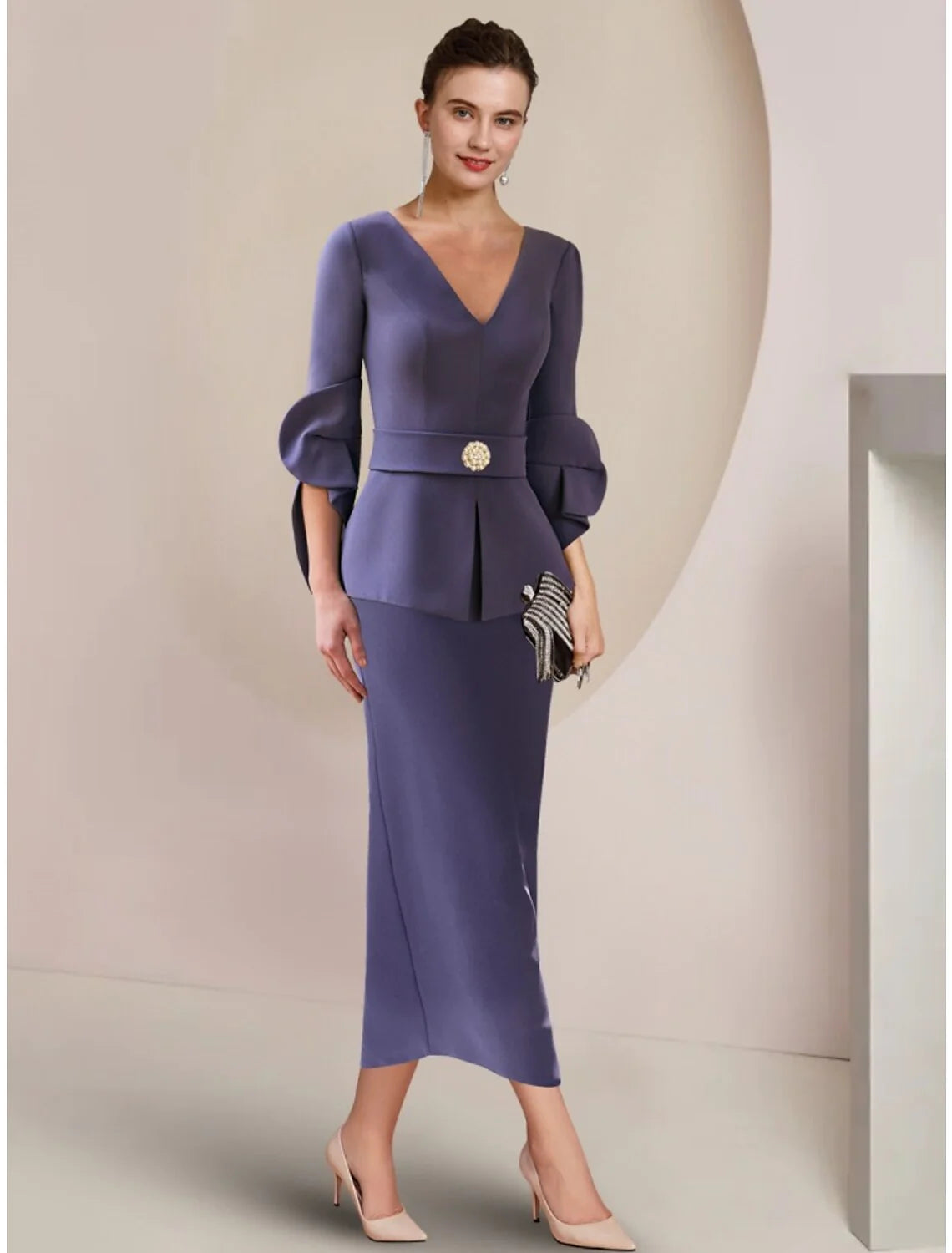 Wholesale A-Line Mother of the Bride Dress Wedding Guest Elegant V Neck Ankle Length Stretch Fabric Half Sleeve with Crystal Brooch Ruching